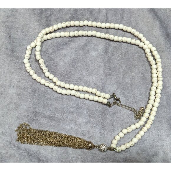 Boho Chic Howlite Beaded Necklace With Gold Tone Tassel And Rhinestone Accents - Picture 5 of 6